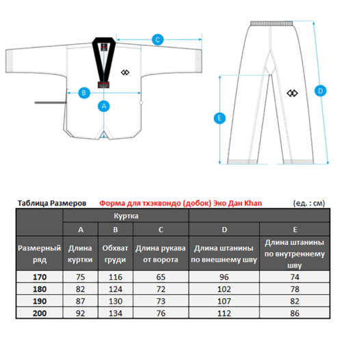 Добок для тхэквондо Эко Дан KHAN (размеры)