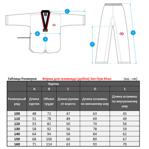 Добок для тхэквондо Эко Пум KHAN (размеры)