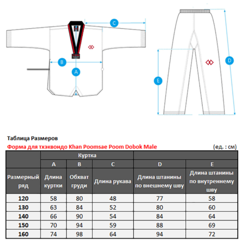 Форма для тхэквондо (добок) Khan Poomsae Poom Dobok Male (размеры)